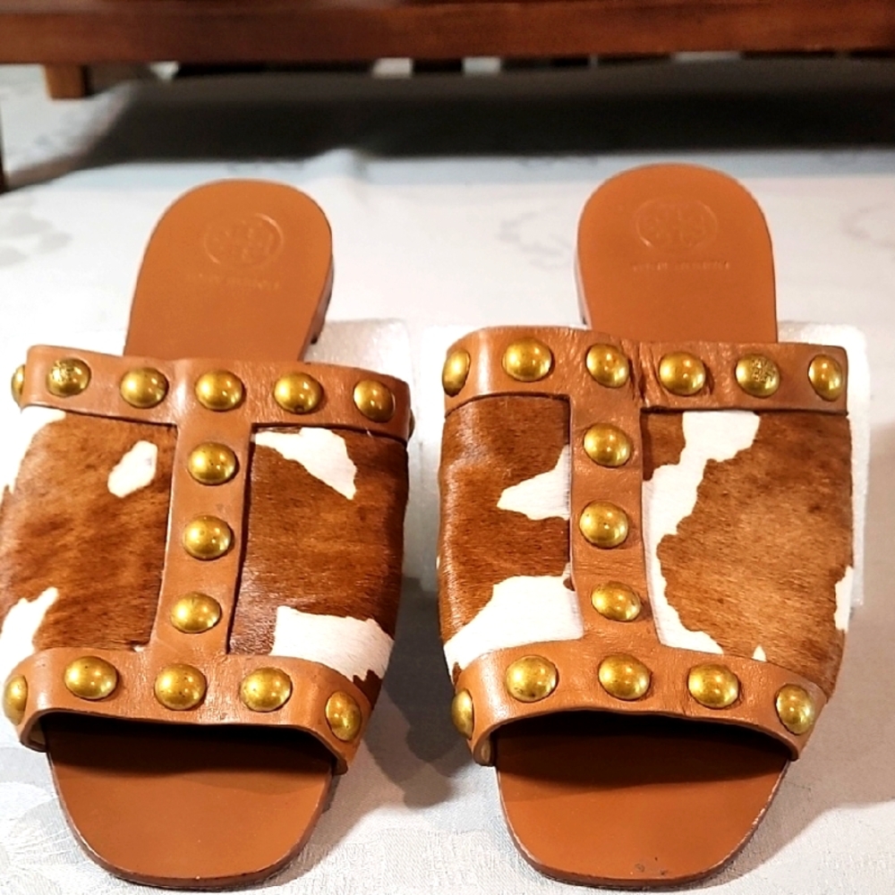 Tory Burch Brown and White Studded Sandals